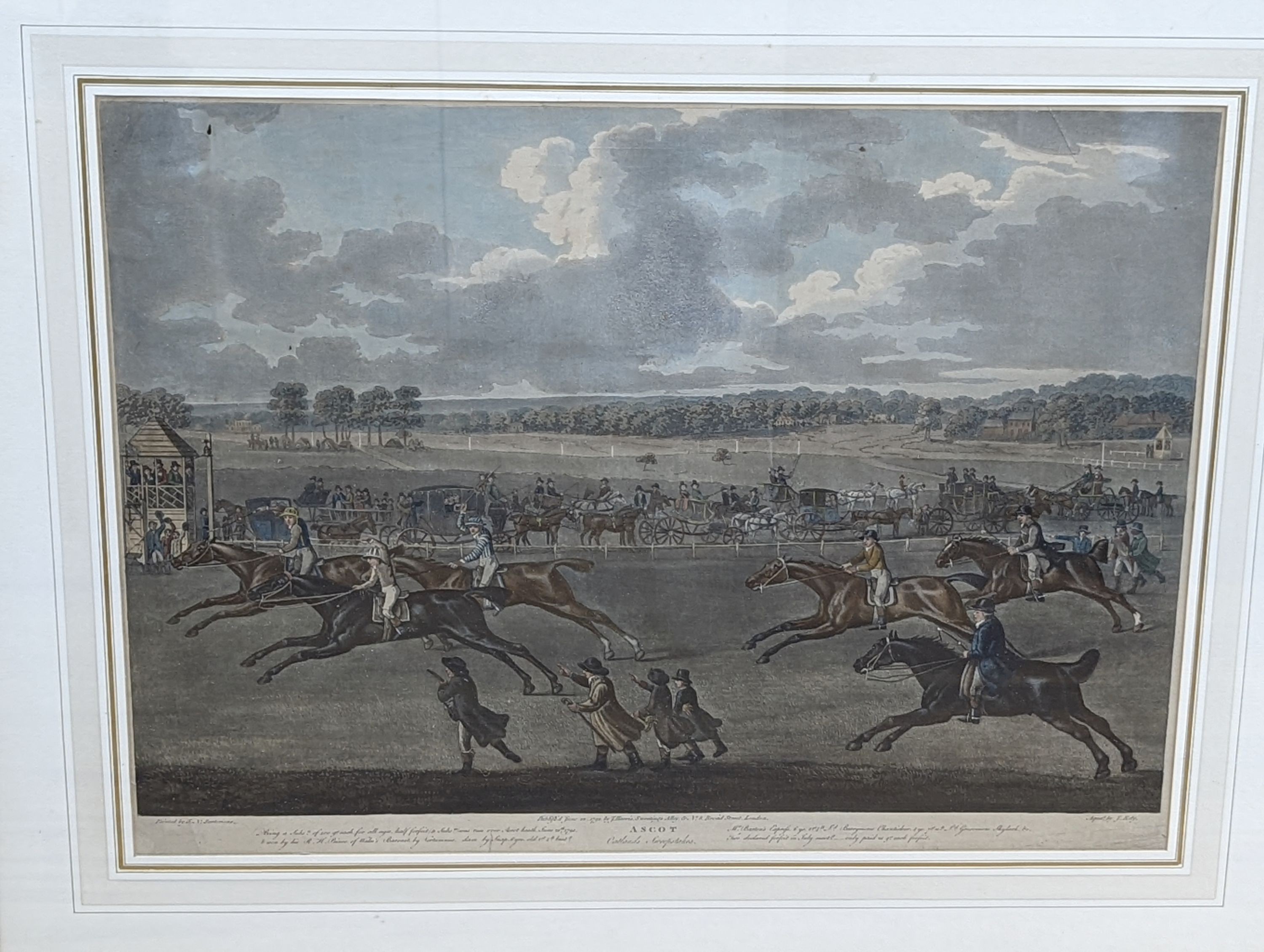 J. Edy after F.N. Sartorious. pair of coloured aquatints, ‘’Ascot’’ and ‘’Epsom’’ 1792, 39 x 54cm